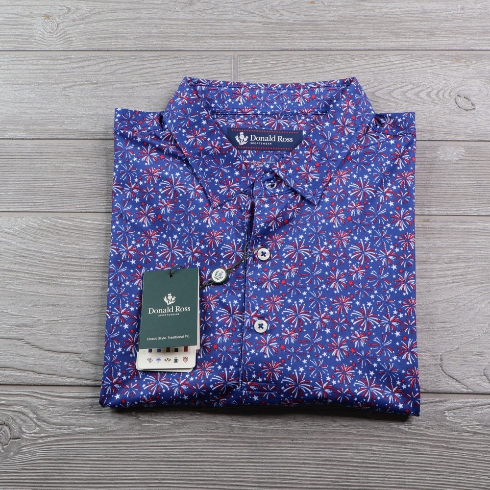 NWT Donald Ross Sportswear Polo Men's L Navy Firework AOP Golf Shirt